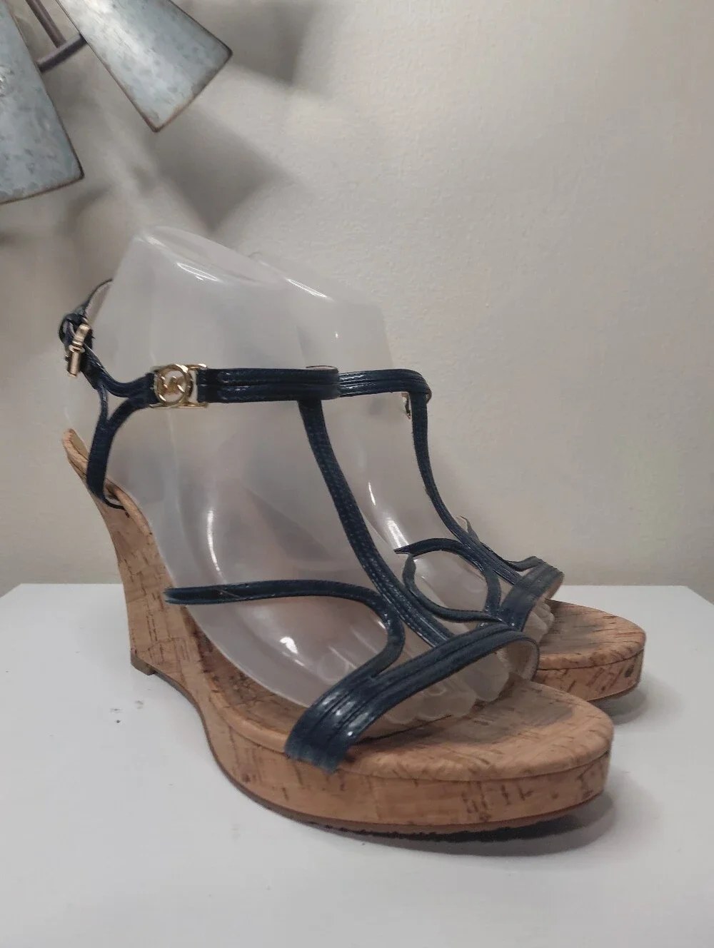 Michael Kors Cicely Navy Leather T-Strap Cork Wedge Sandals